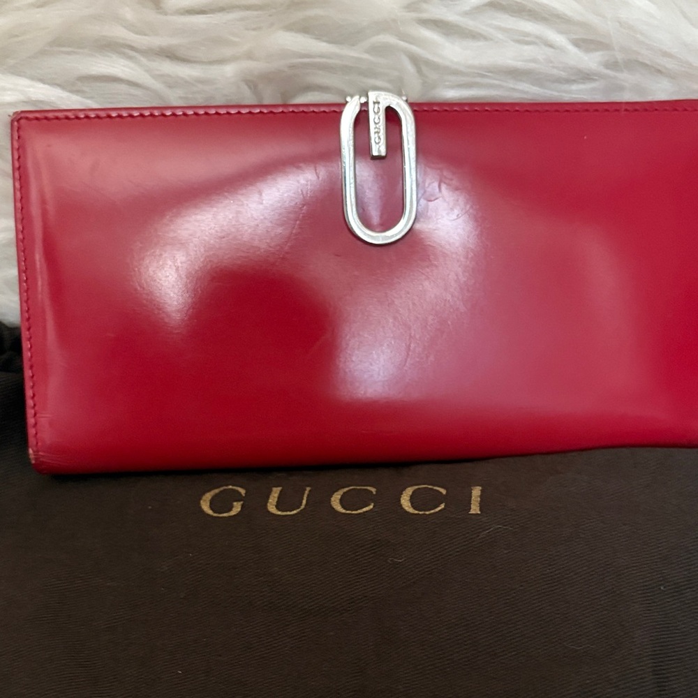 Authentic Gucci Red Leather Wallet with Silver Detail